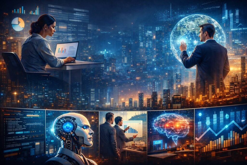 Profissionais utilizando inteligência artificial no trabalho para análise de dados e tomada de decisão estratégica