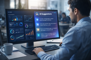 Profissional analisando dashboard com inteligência artificial aplicada à tomada de decisão empresarial