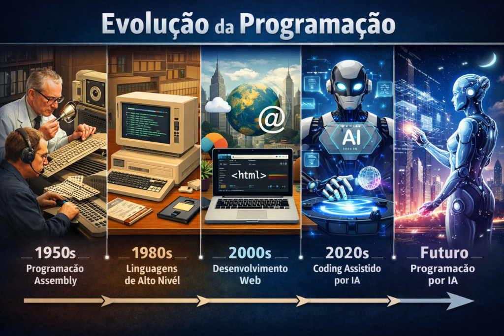 Linha do tempo mostrando a evolução da programação desde programação manual até vibe coding e desenvolvimento com inteligência artificial