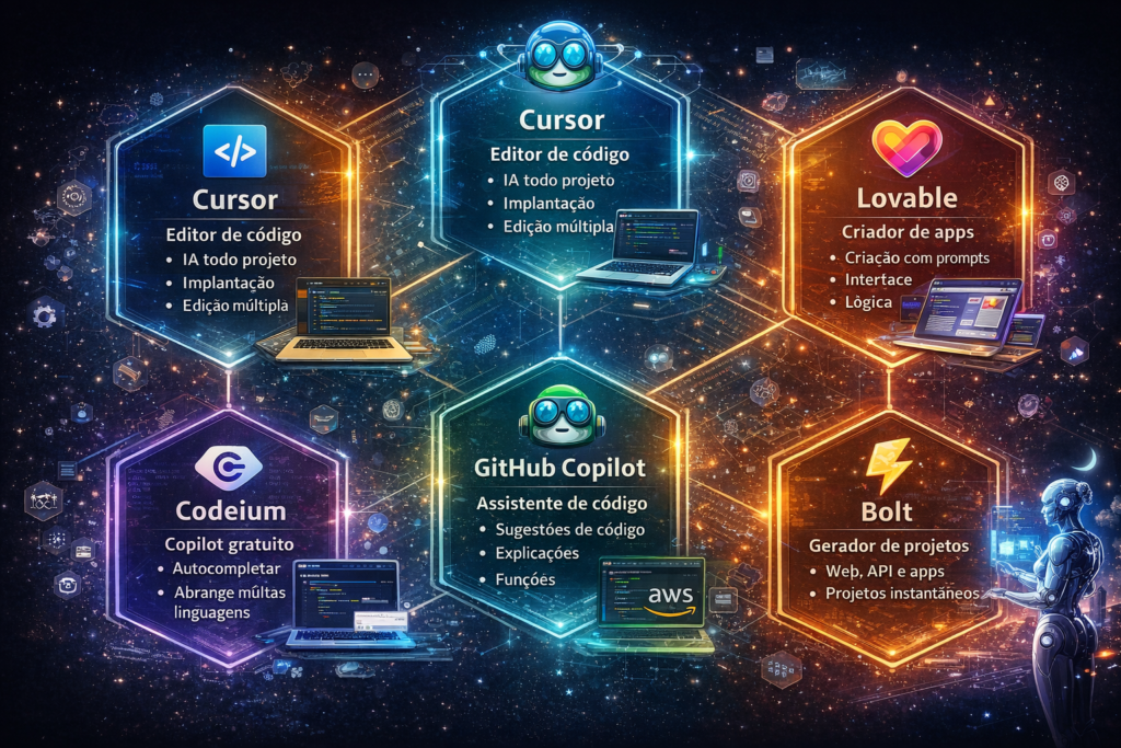 Infográfico mostrando as principais ferramentas de programação com inteligência artificial como Cursor, Copilot, Replit, Codeium, Bolt e Lovable