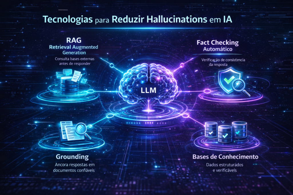 Infográfico mostrando tecnologias usadas para reduzir hallucination em IA, incluindo RAG, grounding, verificação factual e bases de conhecimento.