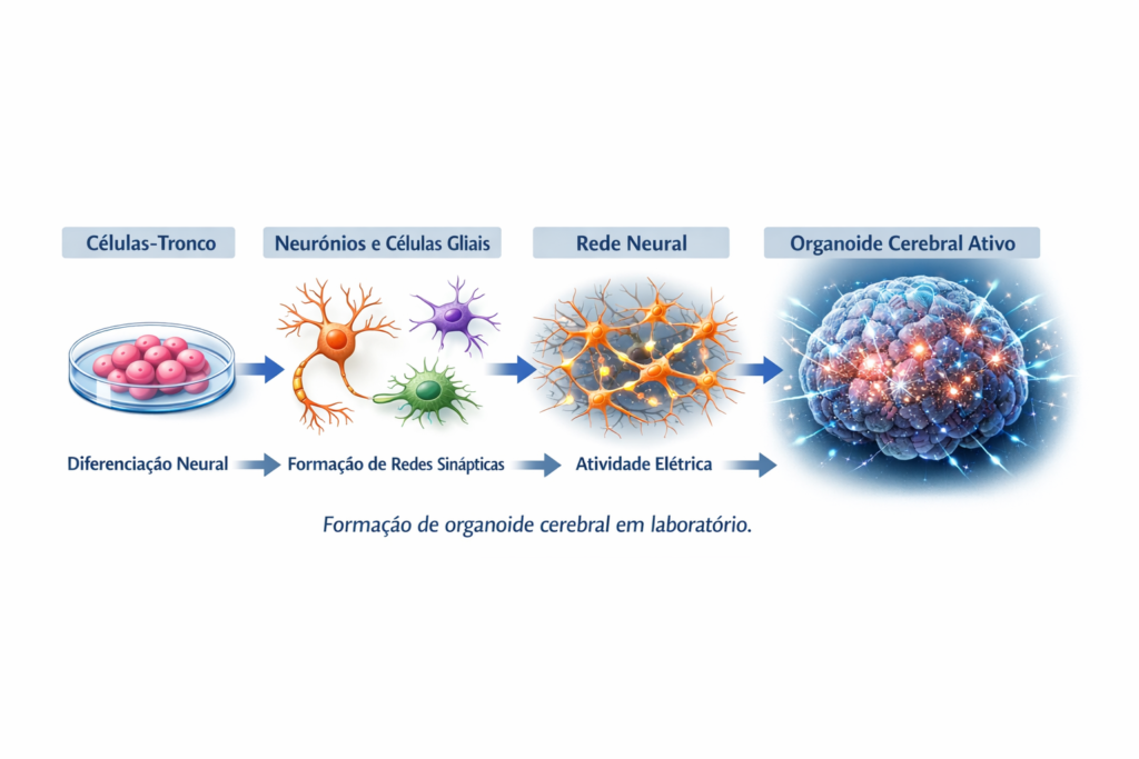formação de organoide cerebral a partir de células-tronco gerando redes neurais