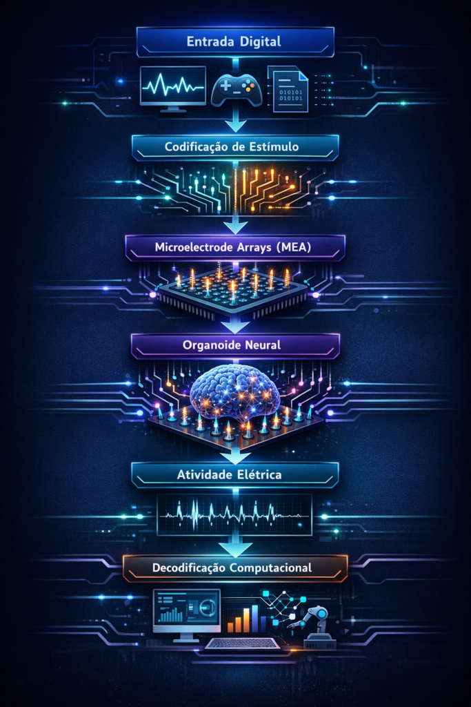 diagrama da arquitetura de computação com organoide cerebral conectado a microeletrodos que convertem sinais digitais em atividade neural