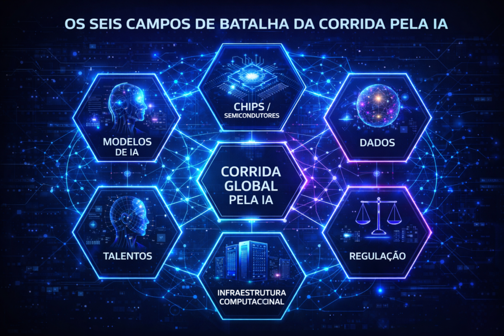 Infográfico mostrando os seis campos de batalha da corrida global pela inteligência artificial: modelos de IA, chips e semicondutores, dados em escala, talentos humanos, infraestrutura computacional e regulação tecnológica.