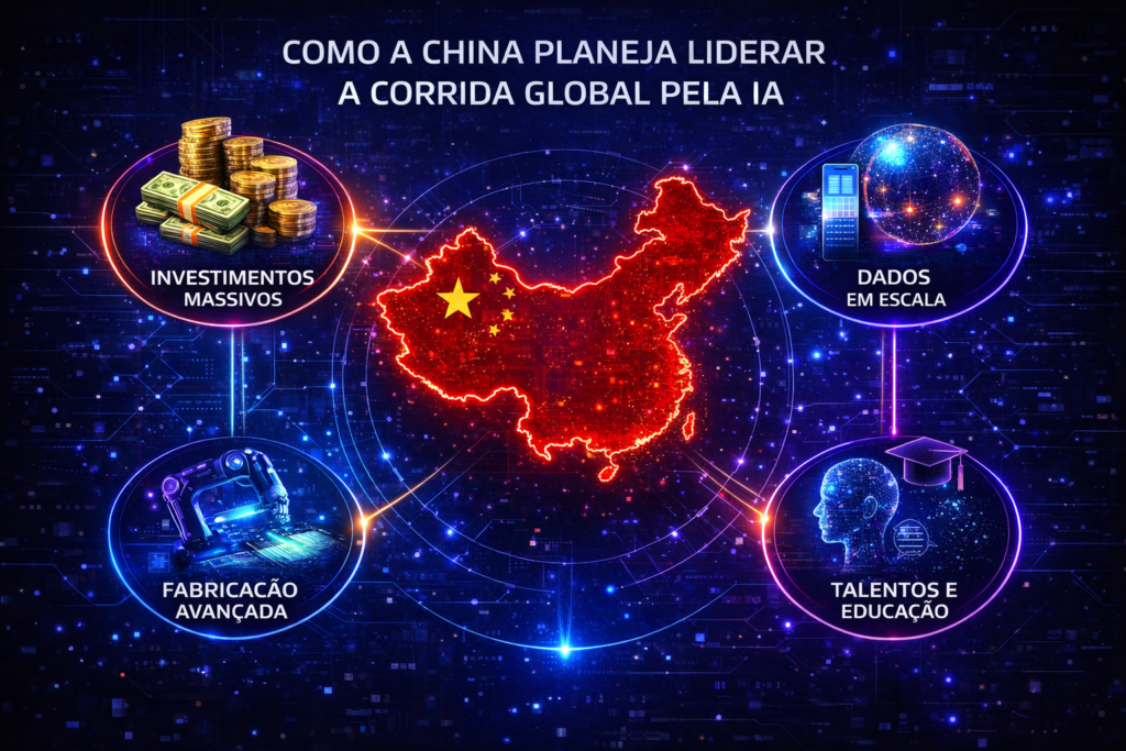 Infográfico mostrando a estratégia da China para liderar a corrida global pela inteligência artificial, com investimentos massivos, dados em escala, fabricação avançada e formação de talentos.