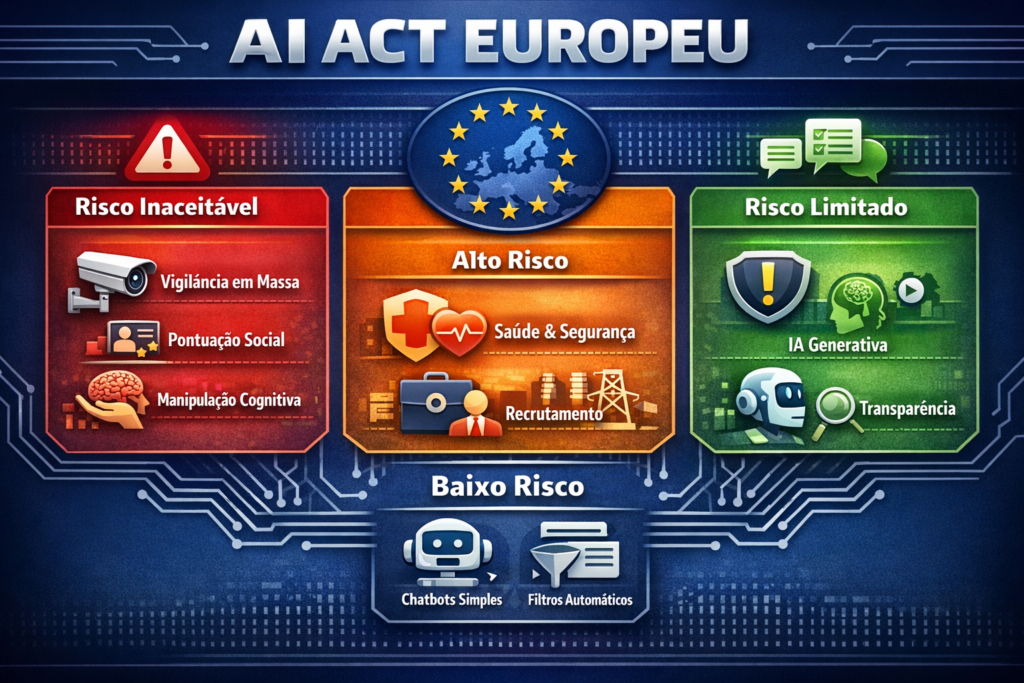 Infográfico explicando o AI Act da União Europeia e a classificação de risco da inteligência artificial em quatro níveis: risco inaceitável, alto risco, risco limitado e baixo risco.