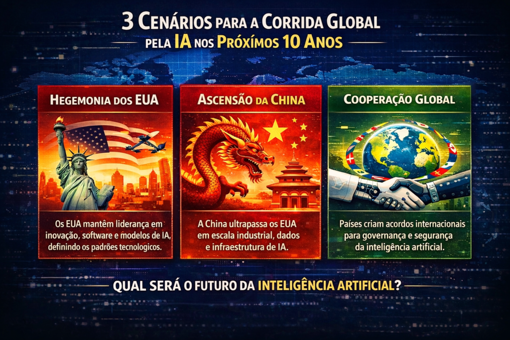 Infográfico mostrando três cenários para o futuro da corrida global pela inteligência artificial nos próximos dez anos: liderança dos EUA, ascensão da China e cooperação internacional na governança da IA.