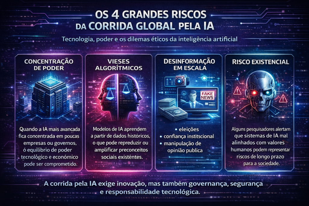 Riscos, ética e as perguntas que a pressa ignora

A corrida pela IA não é neutra. Ela carrega consigo riscos que merecem ser nomeados com clareza.

Concentração de poder

Quando a IA mais avançada está nas mãos de poucas empresas — ou de poucos governos — cria-se um desequilíbrio de poder que pode ser difícil de reverter. Empresas com acesso a IA superior podem otimizar operações, tomar decisões e antecipar movimentos de mercado de formas que concorrentes menores não conseguem. Governos com IA militar superior ganham vantagem estratégica duradoura.

A questão não é apenas "quem vai ganhar a corrida?". É: "como as regras do jogo vão ser definidas enquanto a corrida acontece — e quem vai ser excluído do processo?"

Vieses algorítmicos e impacto social

Sistemas de IA refletem os dados com que foram treinados. Se esses dados contêm vieses históricos — racismo, sexismo, discriminação de classe — os modelos tendem a reproduzir e, às vezes, amplificar esses vieses. Aplicações em triagem de empregos, concessão de crédito e sistemas judiciais já mostraram evidências desse problema.

A pressa competitiva da corrida tecnológica cria incentivos para lançar produtos rapidamente — e pressões que dificultam a implementação de salvaguardas adequadas.

Desinformação e erosão do ambiente informacional

Sistemas de geração de texto, imagem e vídeo já tornaram a produção de desinformação mais barata, mais rápida e mais convincente. O impacto sobre eleições, sobre a confiança em instituições e sobre a capacidade das sociedades de distinguir o real do fabricado é uma ameaça concreta que a competição tecnológica tende a subestimar.

O risco existencial — e por que a discussão é mais séria do que parece

Uma parte da comunidade de pesquisa em IA — incluindo nomes como Geoffrey Hinton (um dos fundadores da área, que recebeu o Nobel em 2024) e Yoshua Bengio — argumenta que sistemas de IA suficientemente avançados e mal alinhados com valores humanos podem representar riscos existenciais de longo prazo.

Essa é uma discussão que, até poucos anos atrás, era considerada ficção científica por boa parte do mainstream tecnológico. Hoje é levada a sério por pesquisadores respeitados — e por parte dos próprios líderes das empresas que mais investem em IA.

Isso não significa catastrofismo. Significa que a corrida pela IA precisa ser acompanhada de investimento igualmente sério em segurança, interpretabilidade e alinhamento de sistemas.