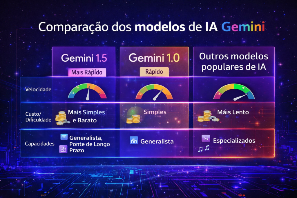 Infográfico comparando os modelos de inteligência artificial da família Gemini do Google, incluindo Gemini Flash Lite, Flash, Pro, Deep Research e Gemma e seus principais usos.