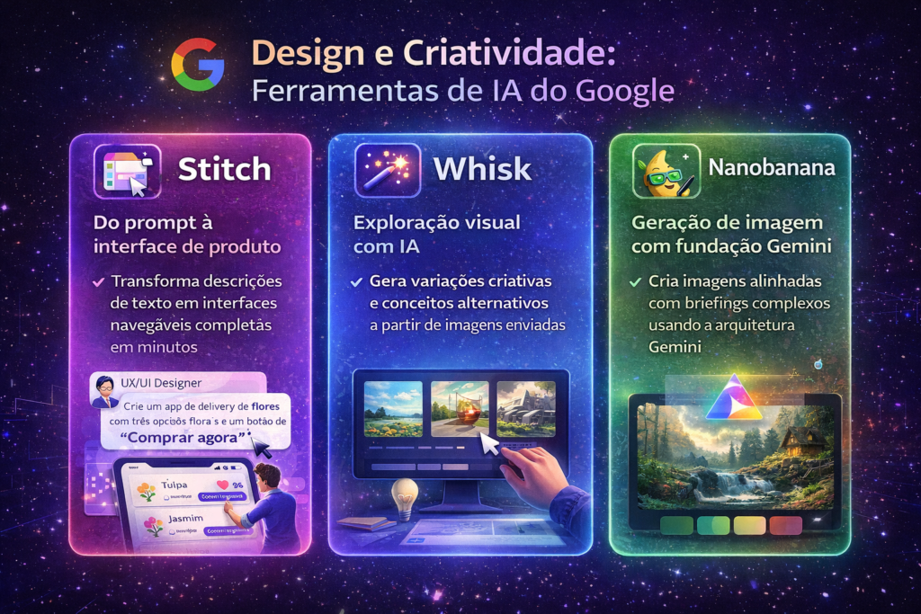Infográfico mostrando três ferramentas criativas de inteligência artificial do Google: Stitch para criação de interfaces a partir de texto, Whisk para exploração visual baseada em imagens e Nanobanana para geração de imagens usando a arquitetura Gemini.