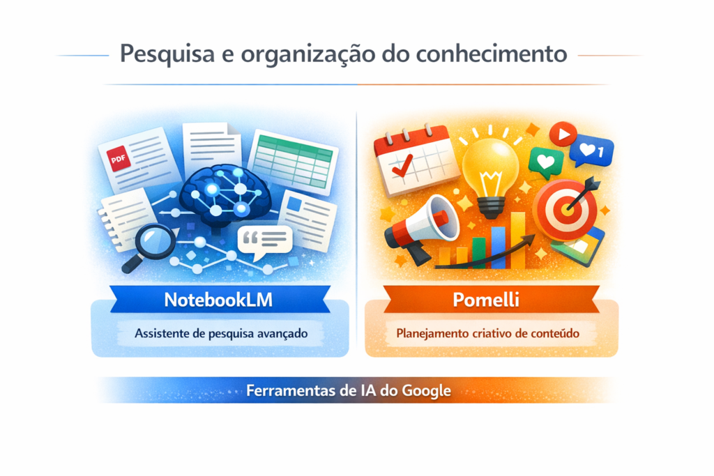 [H2] Pesquisa e organização do conhecimento: NotebookLM e além

[H3] NotebookLM: o assistente de pesquisa mais sofisticado do mercado

O NotebookLM é possivelmente a ferramenta do ecossistema Google que mais ilustra o potencial transformador da IA aplicada ao trabalho intelectual. Sua proposta é simples na superfície e revolucionária na prática: o usuário carrega seus próprios documentos — PDFs, artigos, notas, transcrições, planilhas — e o NotebookLM se torna um assistente especialista naquele corpus específico.

Diferente de um chatbot genérico que responde com base em treinamento geral, o NotebookLM fundamenta todas as suas respostas nas fontes fornecidas pelo usuário. Cita passagens, aponta contradições entre documentos, sugere conexões não óbvias entre tópicos e gera sumários estruturados. Para pesquisadores, analistas de dados, jornalistas investigativos, estudantes e qualquer profissional que trabalha com grandes volumes de informação, é uma mudança fundamental na relação com o conhecimento acumulado.

Em 2025, o NotebookLM evoluiu para suportar casos de uso coletivos — equipes podem criar bases de conhecimento compartilhadas que funcionam como consultores especializados na documentação interna da organização. Uma empresa que alimenta o NotebookLM com seus manuais, relatórios históricos e bases de cliente cria, efetivamente, um especialista institucional disponível 24 horas.

[H3] Pomelli: ideação criativa e planejamento de conteúdo

O Pomelli é uma ferramenta voltada para o planejamento criativo, especialmente no contexto de marketing digital e estratégia de conteúdo. Gera ideias de campanhas, sugere ângulos narrativos, cria calendários de publicação e propõe variações de mensagem para diferentes audiências e plataformas. É a IA como parceiro de brainstorming para times de comunicação e marketing — não substituindo o estrategista criativo, mas acelerando o tempo entre o briefing e as primeiras ideias acionáveis.