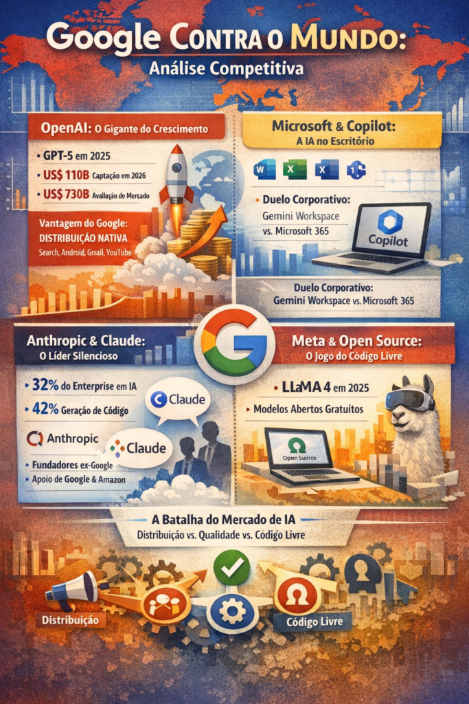 Infográfico comparando os principais concorrentes do Google na corrida da inteligência artificial: OpenAI com GPT e ChatGPT, Microsoft com Copilot integrado ao Microsoft 365, Anthropic com Claude no mercado enterprise e Meta com modelos open source Llama.