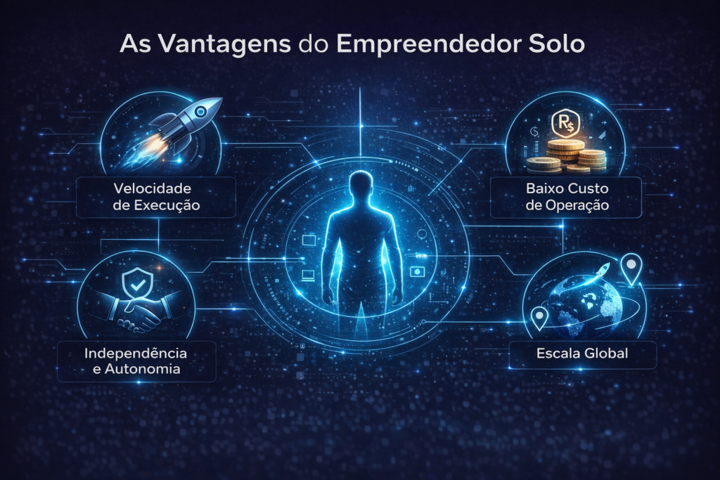 Quatro vantagens do empreendedor solo com IA: velocidade, baixo custo, autonomia e escala global.