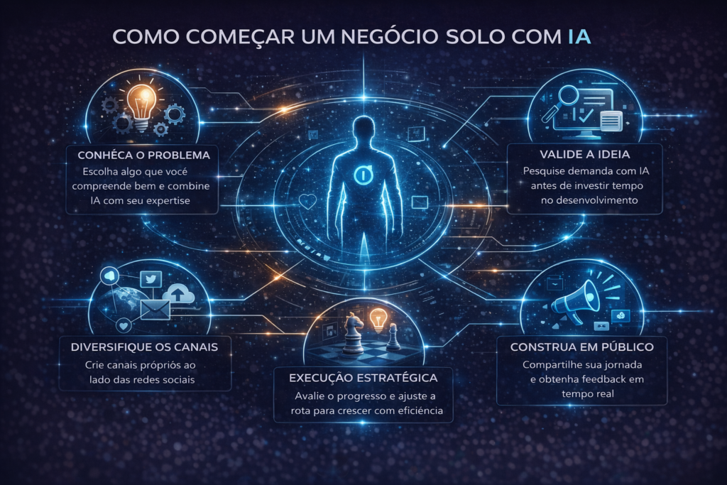 Infográfico mostrando cinco passos práticos para criar um negócio solo com inteligência artificial: entender o problema, validar a ideia, construir em público, diversificar canais e executar estrategicamente.
