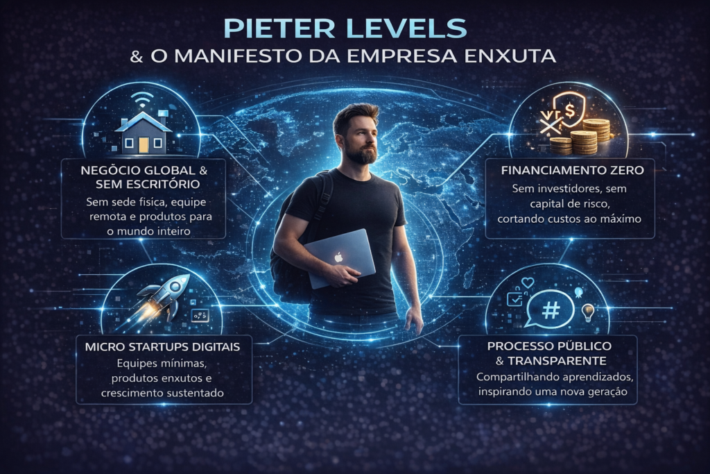Infográfico sobre Pieter Levels e o manifesto da empresa enxuta, mostrando o modelo de negócios solo com produtos digitais globais, equipes mínimas e construção pública.