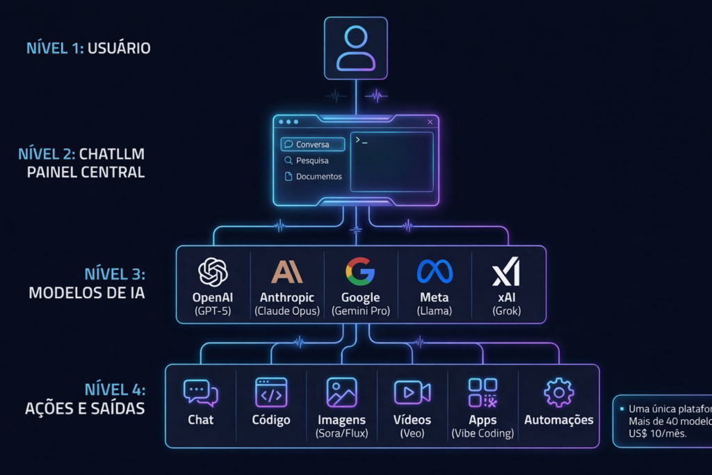 Infográfico da arquitetura do Abacus AI em 4 níveis: 1) Usuário (profissional/time); 2) ChatLLM (painel central de acesso); 3) Modelos de IA (OpenAI, Anthropic, Google, Meta, xAI); 4) Ações e Saídas (Chat, Código, Imagens, Vídeos, Apps e Automações). Fundo escuro com estética neon azul e roxa.