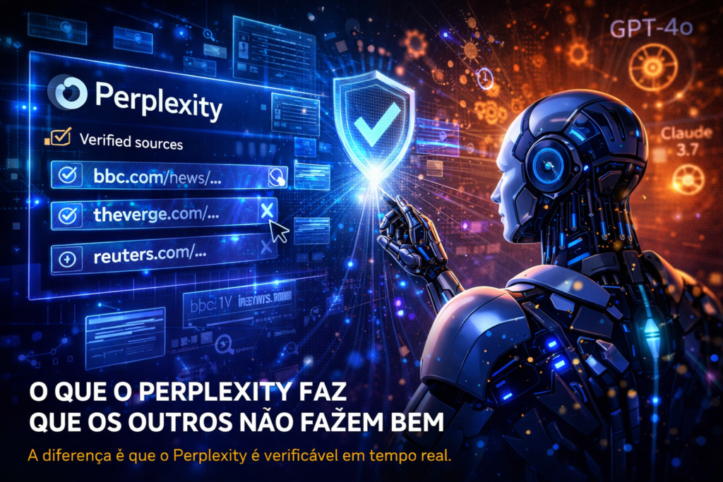 **Alt text otimizado:**

Ilustração futurista de inteligência artificial exibindo fontes verificadas em tempo real com interface holográfica, representando o funcionamento do Perplexity em contraste com outros modelos de IA
