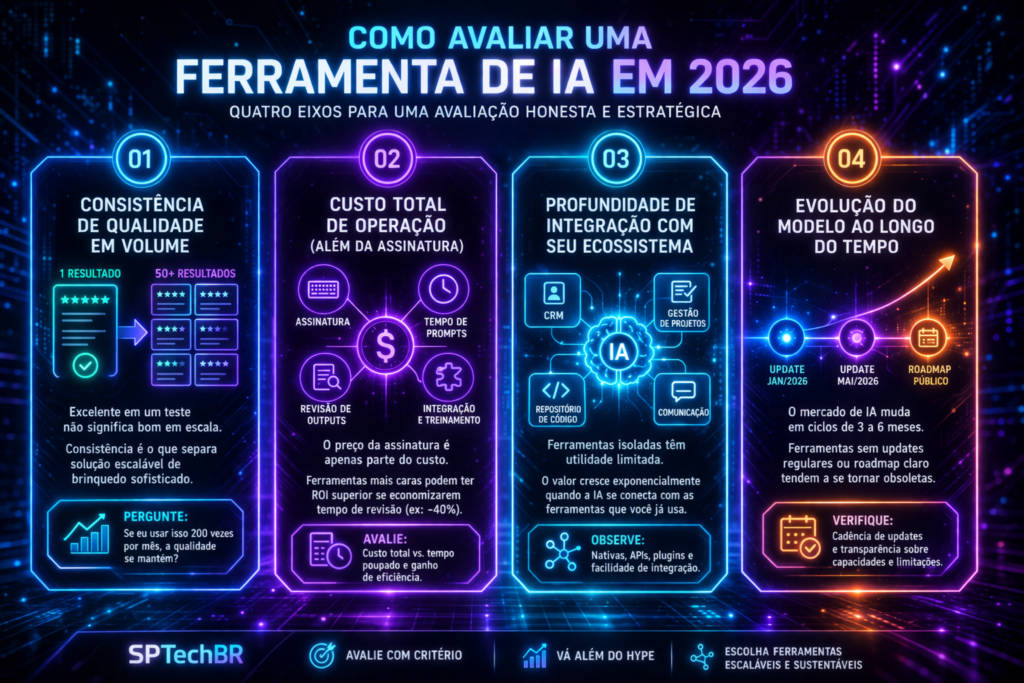 Infográfico explicando como avaliar ferramentas de IA em 2026 com quatro critérios: consistência, custo total, integração e evolução do modelo