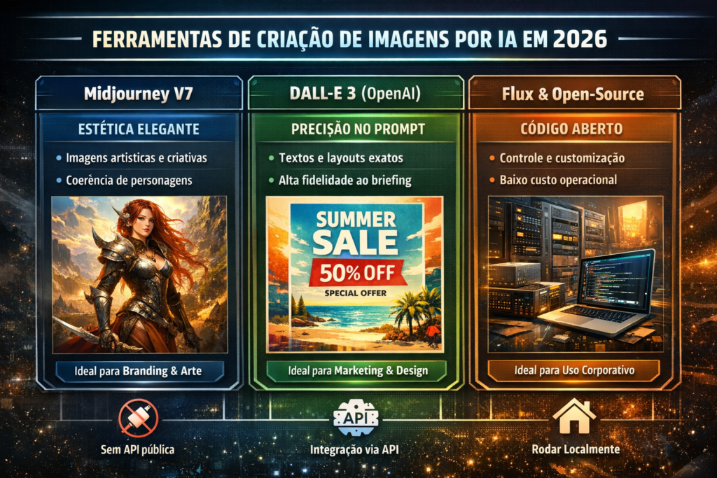 Infográfico comparando ferramentas de criação de imagens por IA em 2026 como Midjourney, DALL-E 3 e Flux destacando estética, precisão e controle