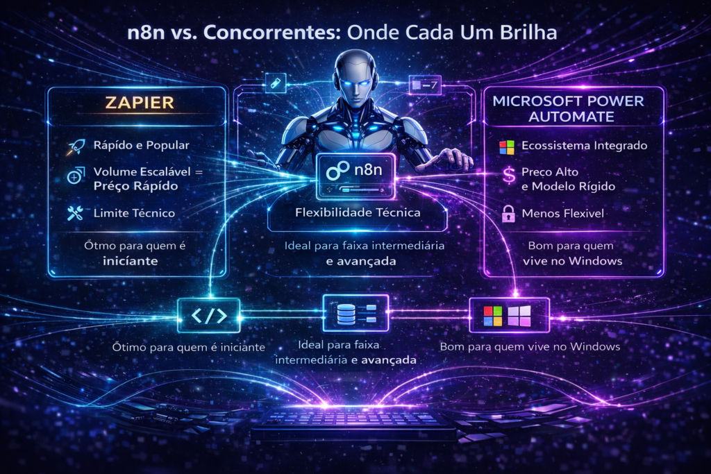 Infográfico comparando n8n com Zapier, Make e Microsoft Power Automate, destacando diferenças em flexibilidade, preço, usabilidade e integração de sistemas 