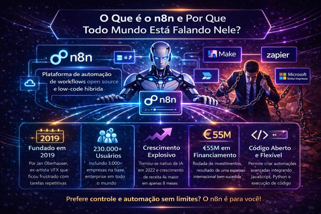 Infográfico explicando o que é o n8n, plataforma de automação de workflows com inteligência artificial, destacando crescimento, usuários, modelo open source e funcionalidades low-code