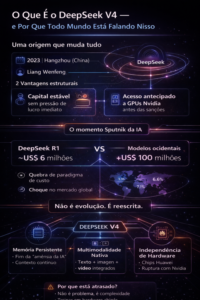 Infográfico sobre o DeepSeek V4 mostrando a evolução da empresa desde sua fundação em 2023 na China, o impacto do modelo R1 com custo reduzido em comparação a rivais ocidentais e as principais inovações do V4, incluindo memória persistente, multimodalidade e independência de hardware.
