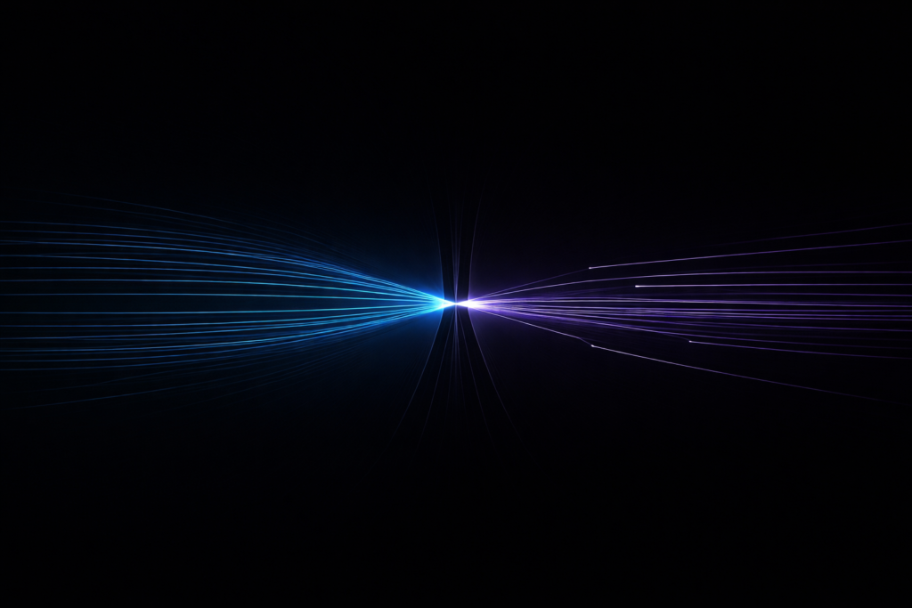 Ilustração minimalista futurista mostrando fluxo de linhas sendo comprimido em um gargalo, representando a limitação de hardware na inteligência artificial