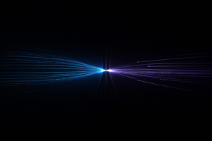 Ilustração minimalista futurista mostrando fluxo de linhas sendo comprimido em um gargalo, representando a limitação de hardware na inteligência artificial