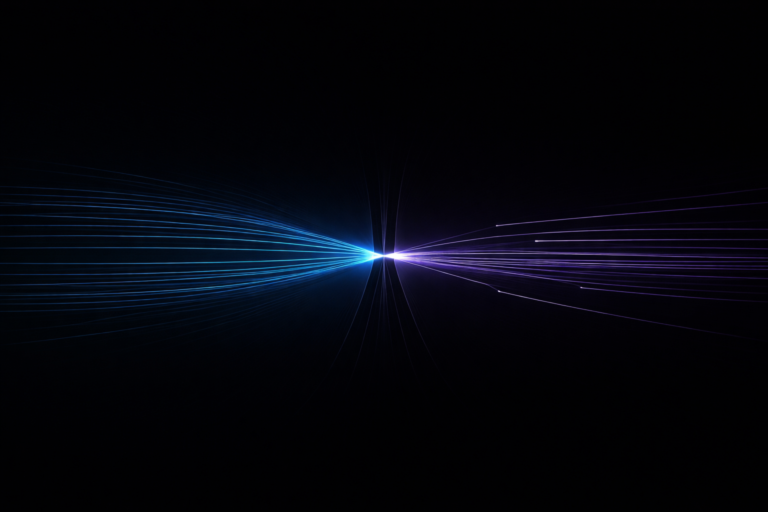 Ilustração minimalista futurista mostrando fluxo de linhas sendo comprimido em um gargalo, representando a limitação de hardware na inteligência artificial