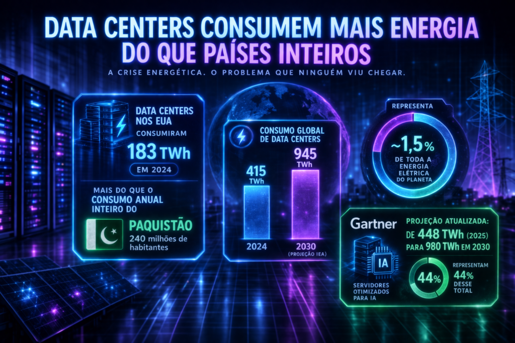 Infográfico futurista mostrando o crescimento do consumo de energia de data centers. Destaque para 183 TWh consumidos nos EUA em 2024 (mais que o Paquistão), consumo global de 415 TWh (1,5% da energia mundial), projeção de 945 TWh até 2030 segundo a IEA e estimativa do Gartner de até 980 TWh, com 44% vindo de servidores de IA.