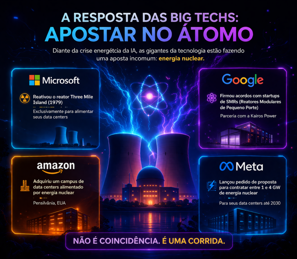 Infográfico futurista mostrando como grandes empresas de tecnologia estão investindo em energia nuclear para alimentar data centers. Destaca Microsoft reativando Three Mile Island, Google firmando parcerias com SMRs, Amazon adquirindo data centers com energia nuclear e Meta planejando contratar até 4 GW até 2030. Visual inclui reator nuclear, servidores e estética tecnológica neon.