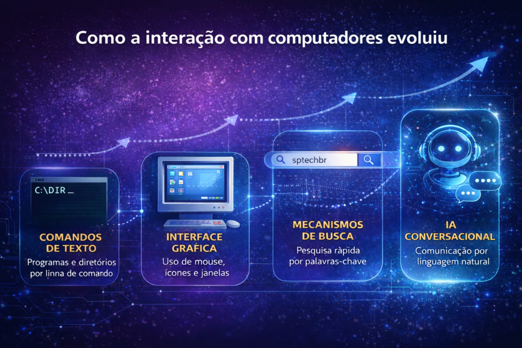 Infográfico mostrando a evolução da interação com computadores até a inteligência artificial conversacional