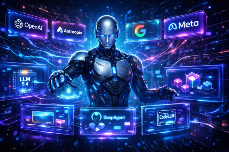 Plataforma Abacus AI conectando múltiplos modelos de inteligência artificial em uma interface futurista