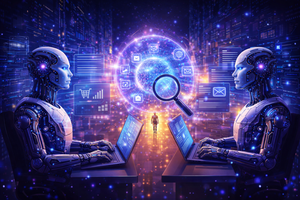 Ilustração de agentes de inteligência artificial executando tarefas digitais e automatizando processos na internet