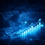 mapa digital global com gráfico de crescimento representando o impacto das big techs no mercado de tecnologia