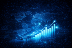 mapa digital global com gráfico de crescimento representando o impacto das big techs no mercado de tecnologia