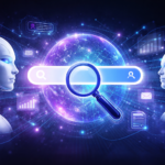 Ilustração futurista representando a evolução da busca na internet com inteligência artificial, com robôs, uma barra de busca digital e uma lupa sobre um globo conectado por redes de dados.