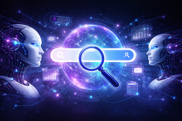 Ilustração futurista representando a evolução da busca na internet com inteligência artificial, com robôs, uma barra de busca digital e uma lupa sobre um globo conectado por redes de dados.