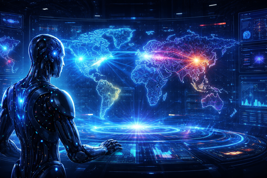 Ilustração futurista mostrando inteligência artificial analisando um mapa digital do mundo, representando a corrida global pela liderança em IA entre EUA, China e Europa.