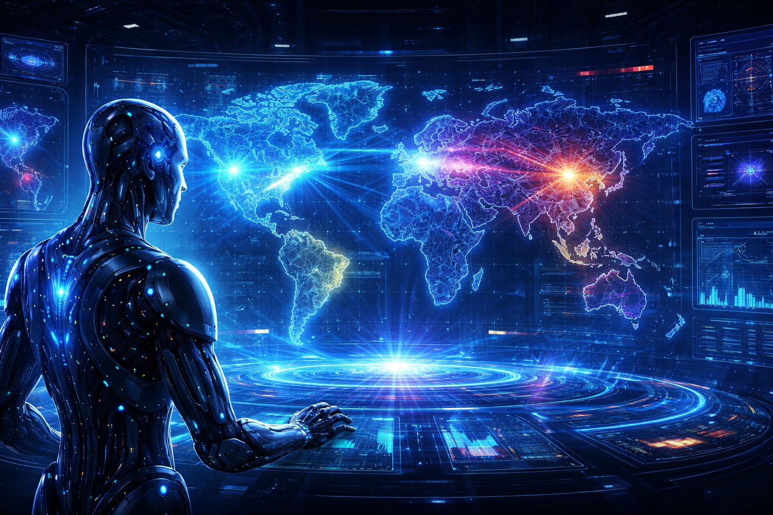 Ilustração futurista mostrando inteligência artificial analisando um mapa digital do mundo, representando a corrida global pela liderança em IA entre EUA, China e Europa.