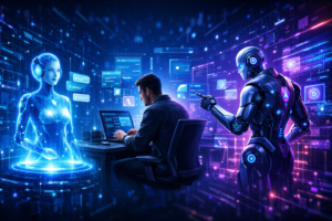 Comparação visual entre chatbot conversacional, copiloto de IA auxiliando um humano e agente de IA autônomo operando sistemas digitais.