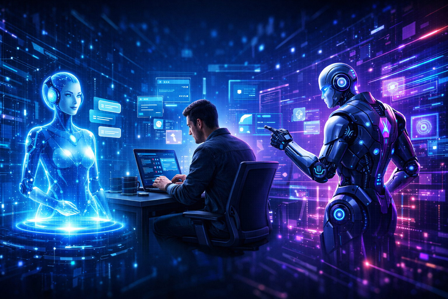 Comparação visual entre chatbot conversacional, copiloto de IA auxiliando um humano e agente de IA autônomo operando sistemas digitais.