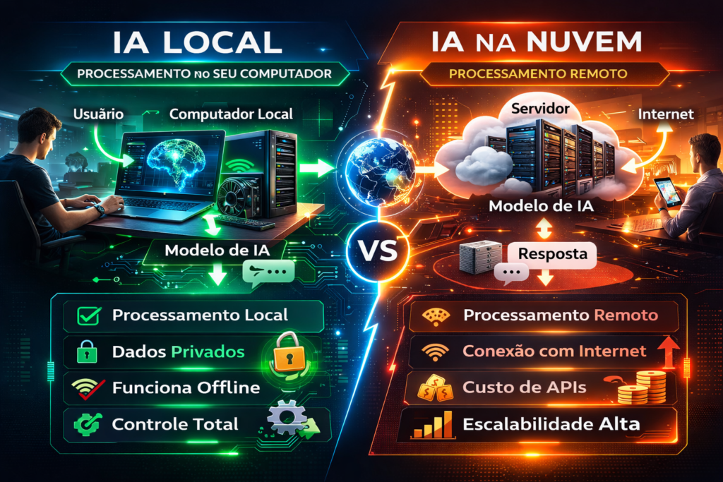 Infográfico comparando inteligência artificial local e IA na nuvem, mostrando fluxo de processamento no computador do usuário versus processamento remoto em servidores na internet.