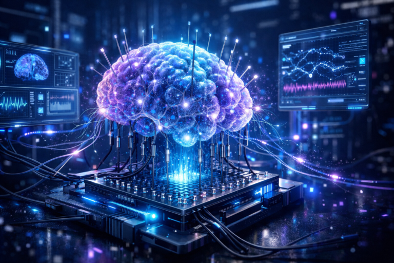 organoide cerebral conectado a microeletrodos representando computação neuronal orgânica e biocomputação