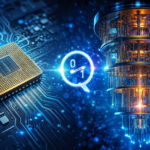 Ilustração mostrando a evolução da computação do chip clássico para um computador quântico com qubits