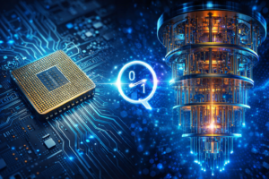 Ilustração mostrando a evolução da computação do chip clássico para um computador quântico com qubits