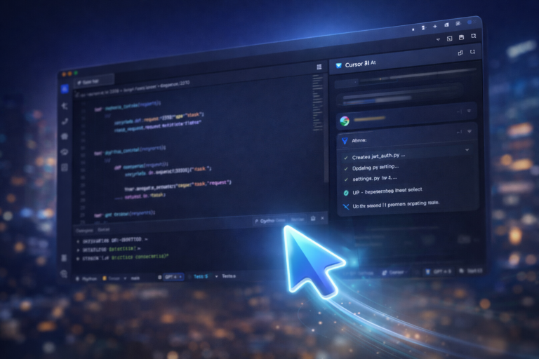 Representação de programação assistida por inteligência artificial com editor de código e assistente de IA em ambiente futurista.