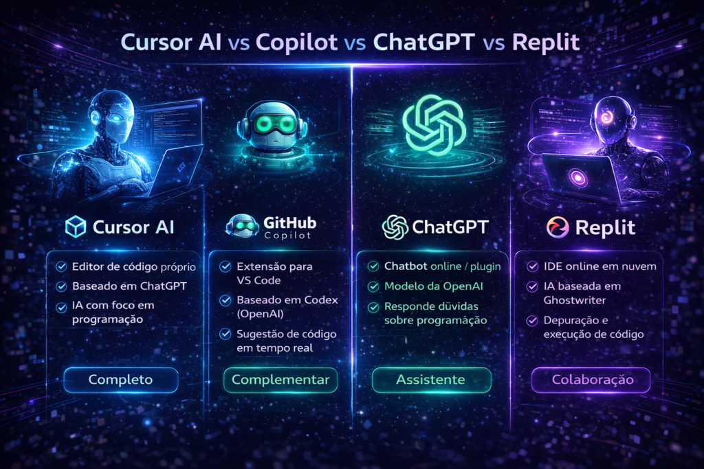 infográfico comparando ferramentas de programação com inteligência artificial como Cursor AI, GitHub Copilot, ChatGPT e Replit destacando diferenças entre editor de código, assistente e IDE em nuvem