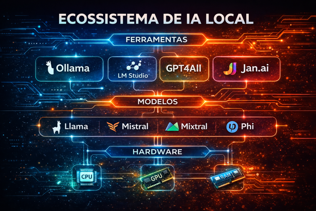 Infográfico mostrando o ecossistema de IA local com três camadas: ferramentas (Ollama, LM Studio, GPT4All e Jan.ai), modelos de linguagem open source (Llama, Mistral, Mixtral e Phi) e hardware necessário como CPU, GPU e RAM.