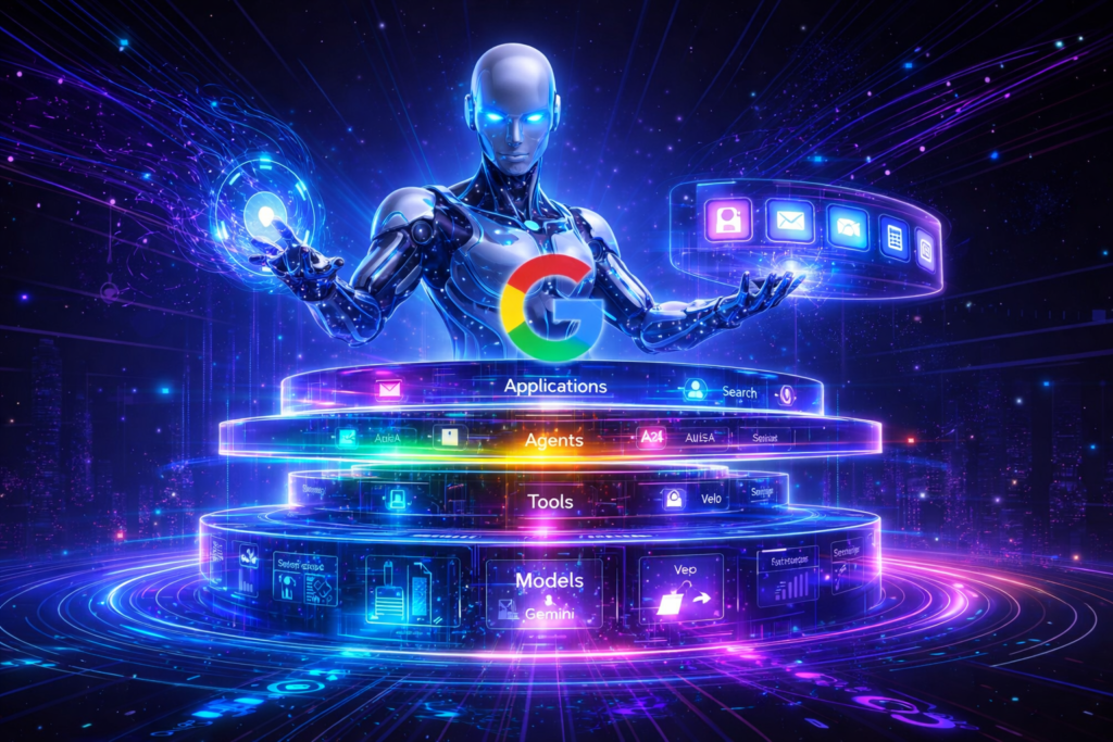 Ilustração futurista de uma inteligência artificial controlando o ecossistema de IA do Google com camadas de modelos, ferramentas, agentes e aplicações.